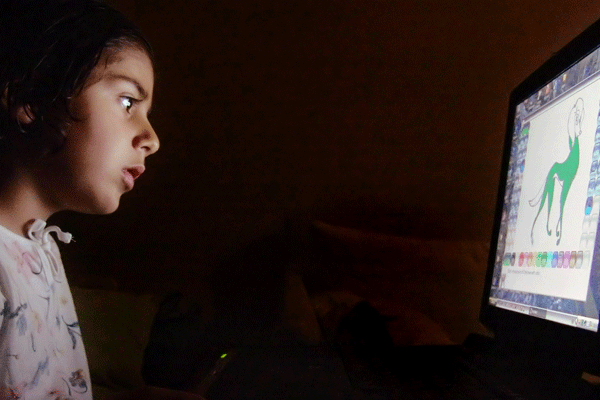 A young girl looks at a computer screen