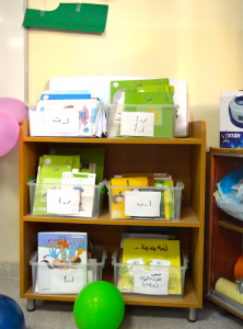 A small shelf cart of books with signs in Arabic on them.