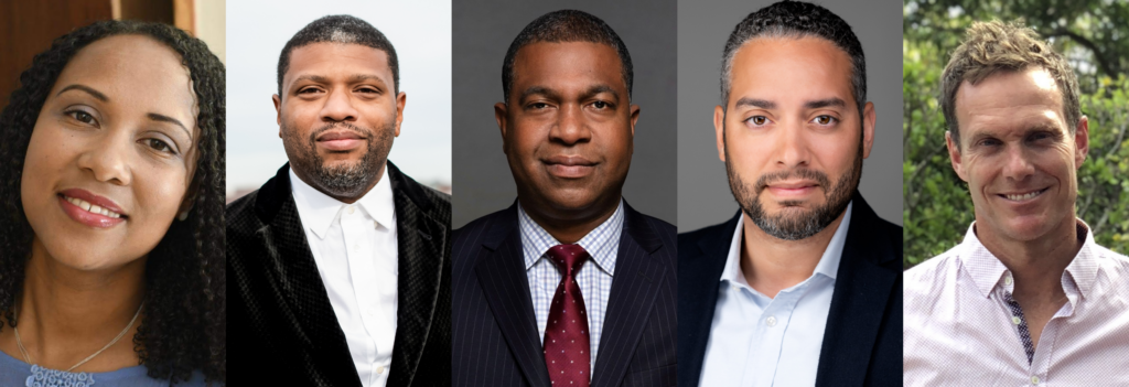 Headshots of new board members. Left to right is a Black female, three Black males, and a white male.